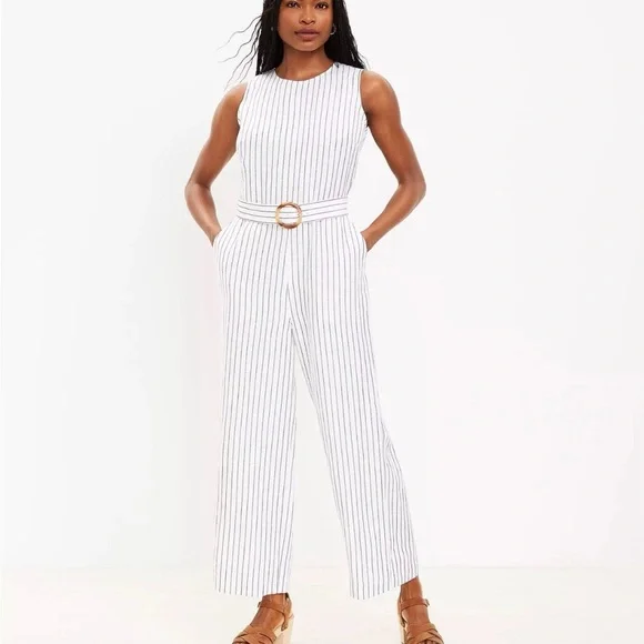 LOFT White Sleeveless Pinstripe Belted Jumpsuit - Picture 1 of 9